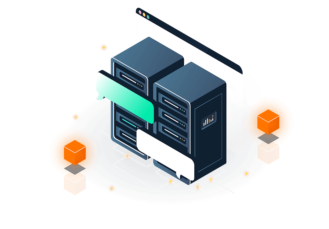 isometric web browser window with two physical server stacks and speech bubbles on top